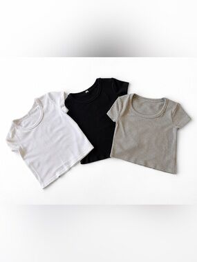 3-Piece Ribbed Knit Top Bundle | Gray, White & Black | Square & Crew Neck Basics